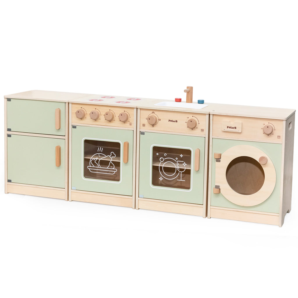 bold pastel wooden kitchen set for kids with fridge, stove, and sink - vibrant playroom centerpiece