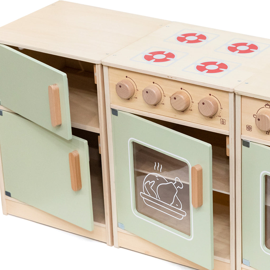 colorful wooden play kitchen with pastel fridge, stove, and sink for toddlers to cook and pretend