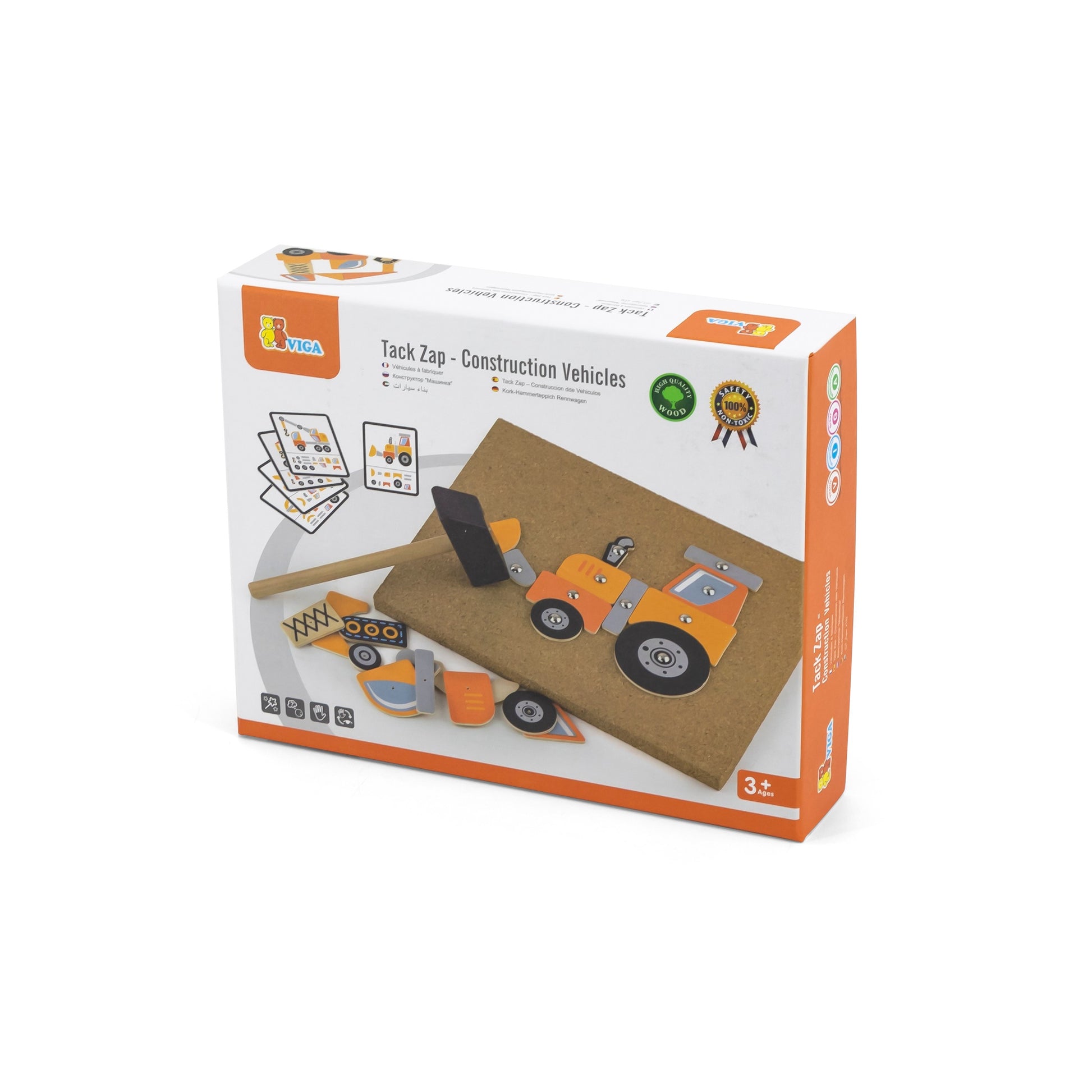 elegant wooden construction vehicles cork nailer set with pastel blocks, hammer, and pattern cards for creative play