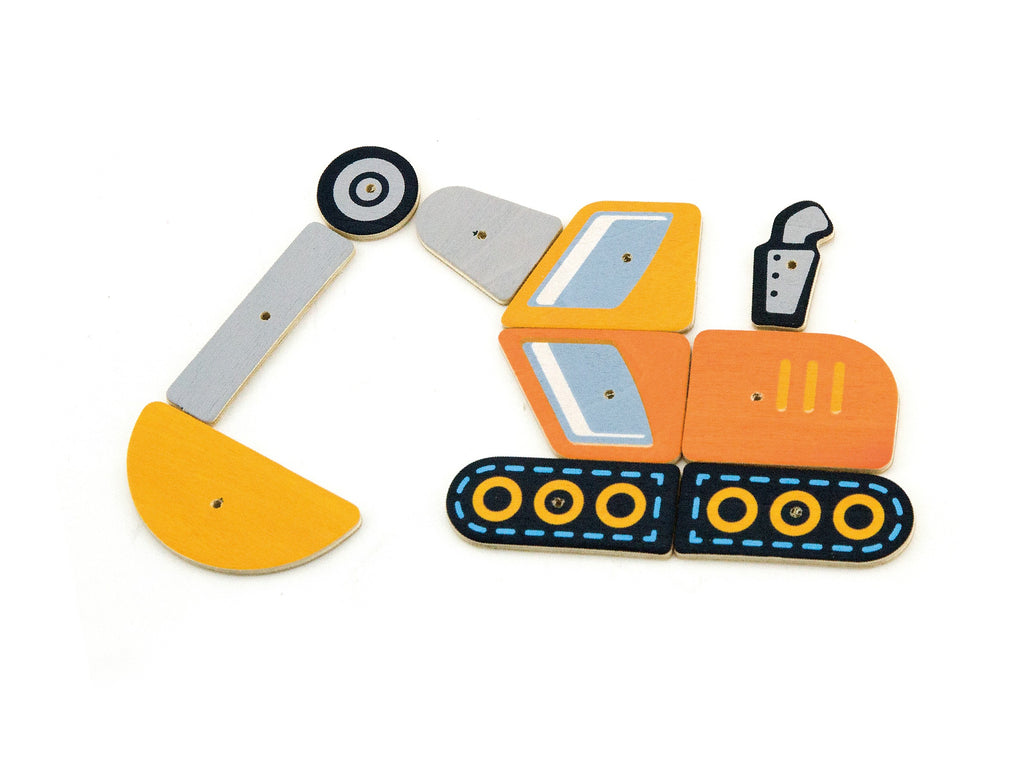 close-up of a child hammering colorful wooden blocks onto a cork board with construction vehicle designs, fostering creativity and fine motor skills