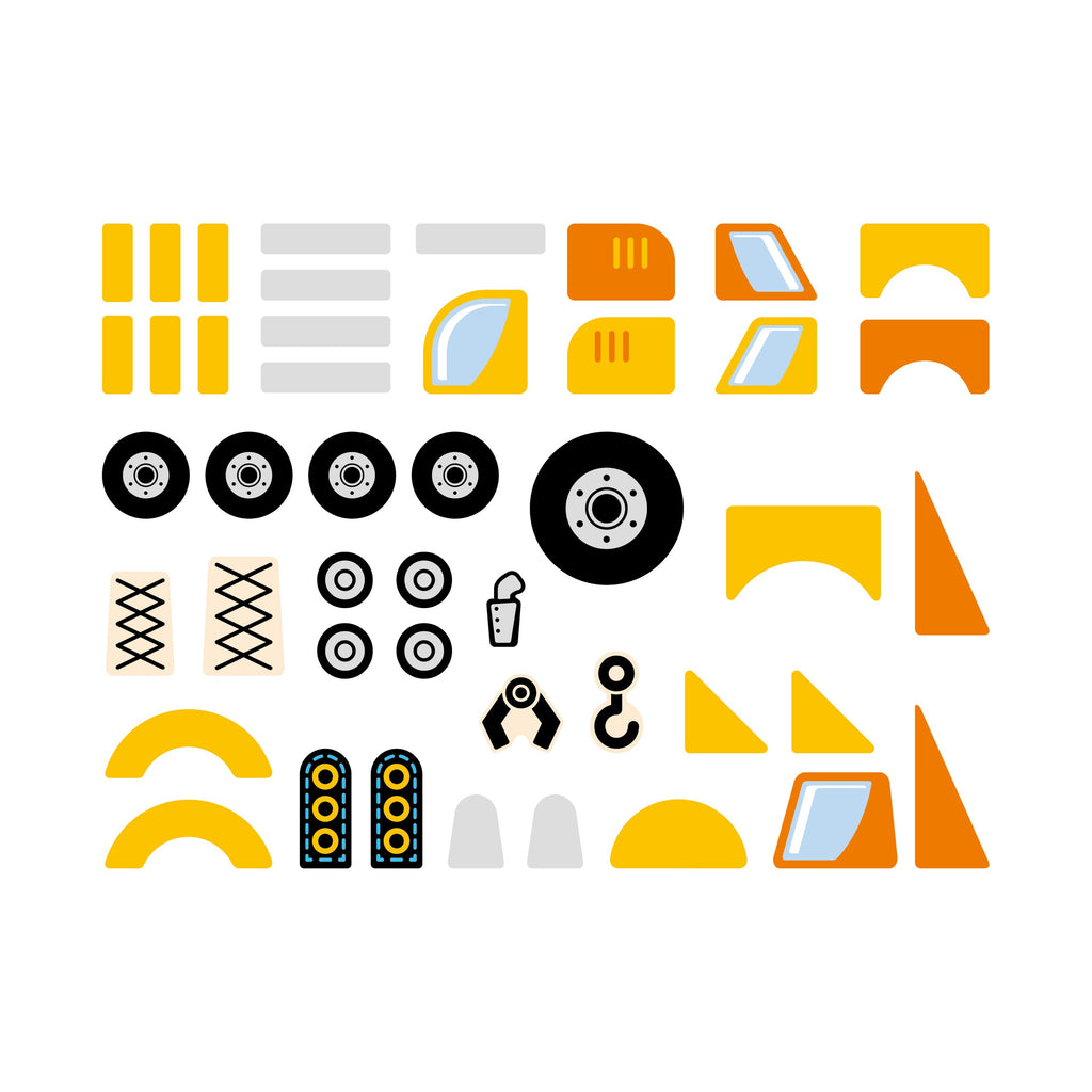 child hammering wooden construction vehicle pieces onto cork board with pastel-colored blocks and pins