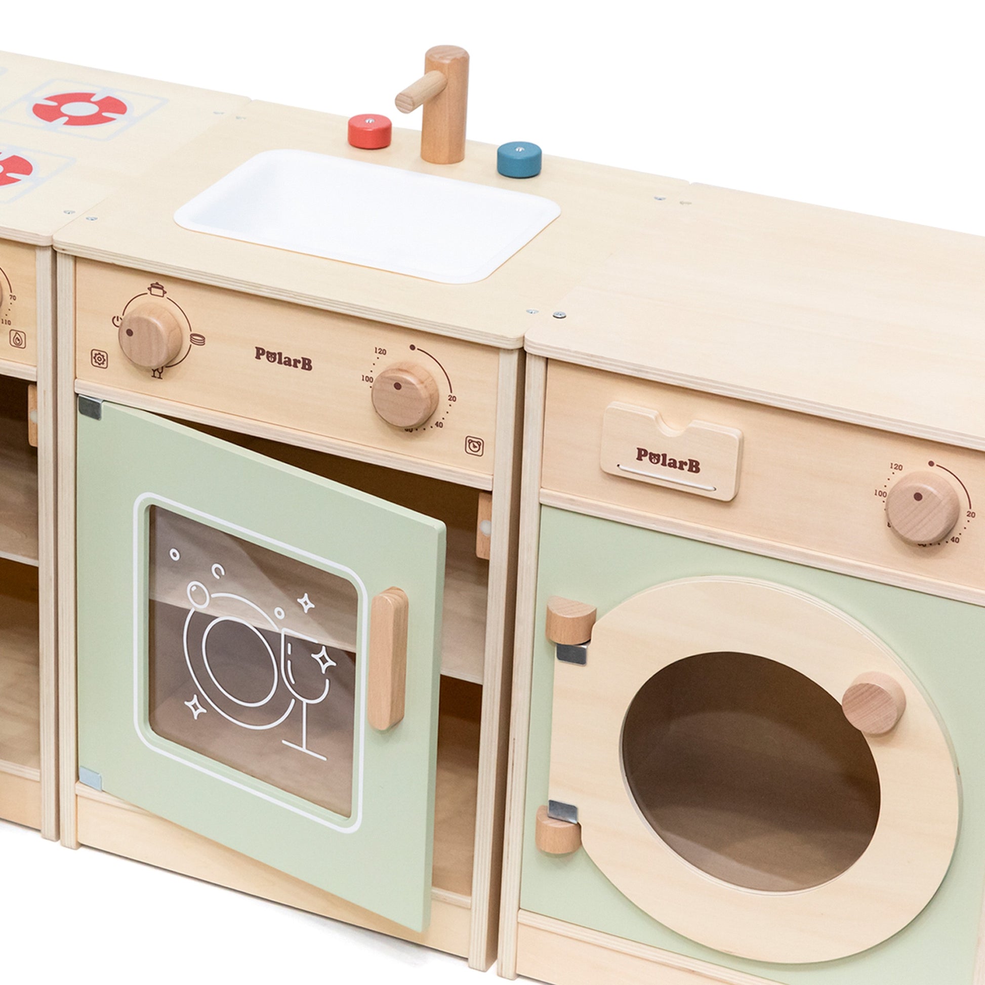 elegant pastel wooden kitchen set for toddlers with fridge, stove, and sink, fostering creative play
