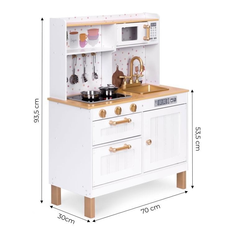 a child's wooden play kitchen with glowing burners and pots, ready for a young chef's culinary adventures