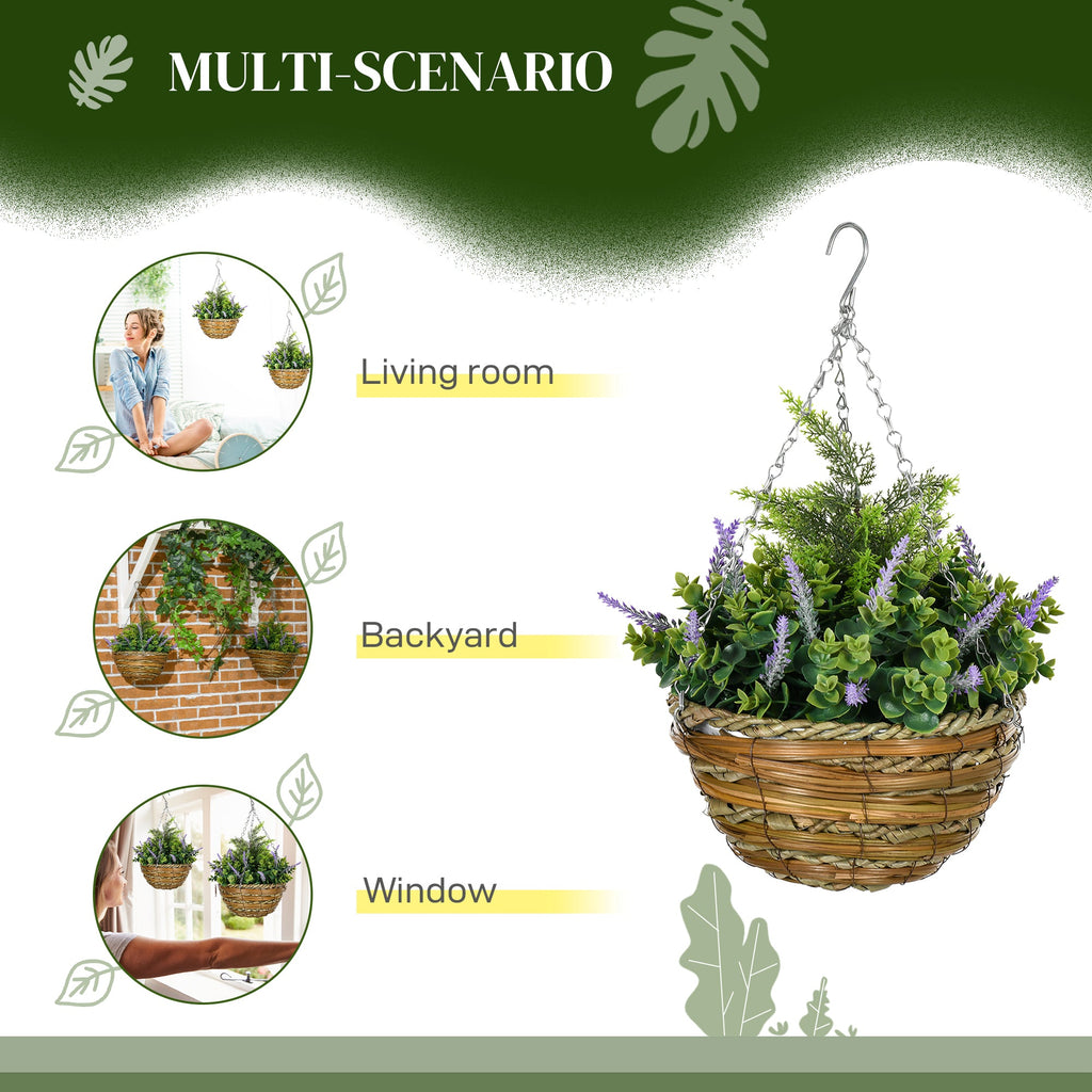 Purple Lisianthus Artificial Flower Hanging Planter Basket, Set of Two