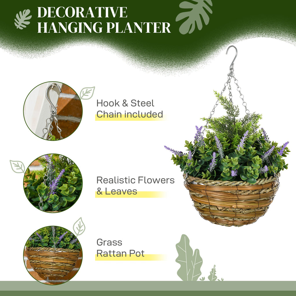Purple Lisianthus Artificial Flower Hanging Planter Basket, Set of Two