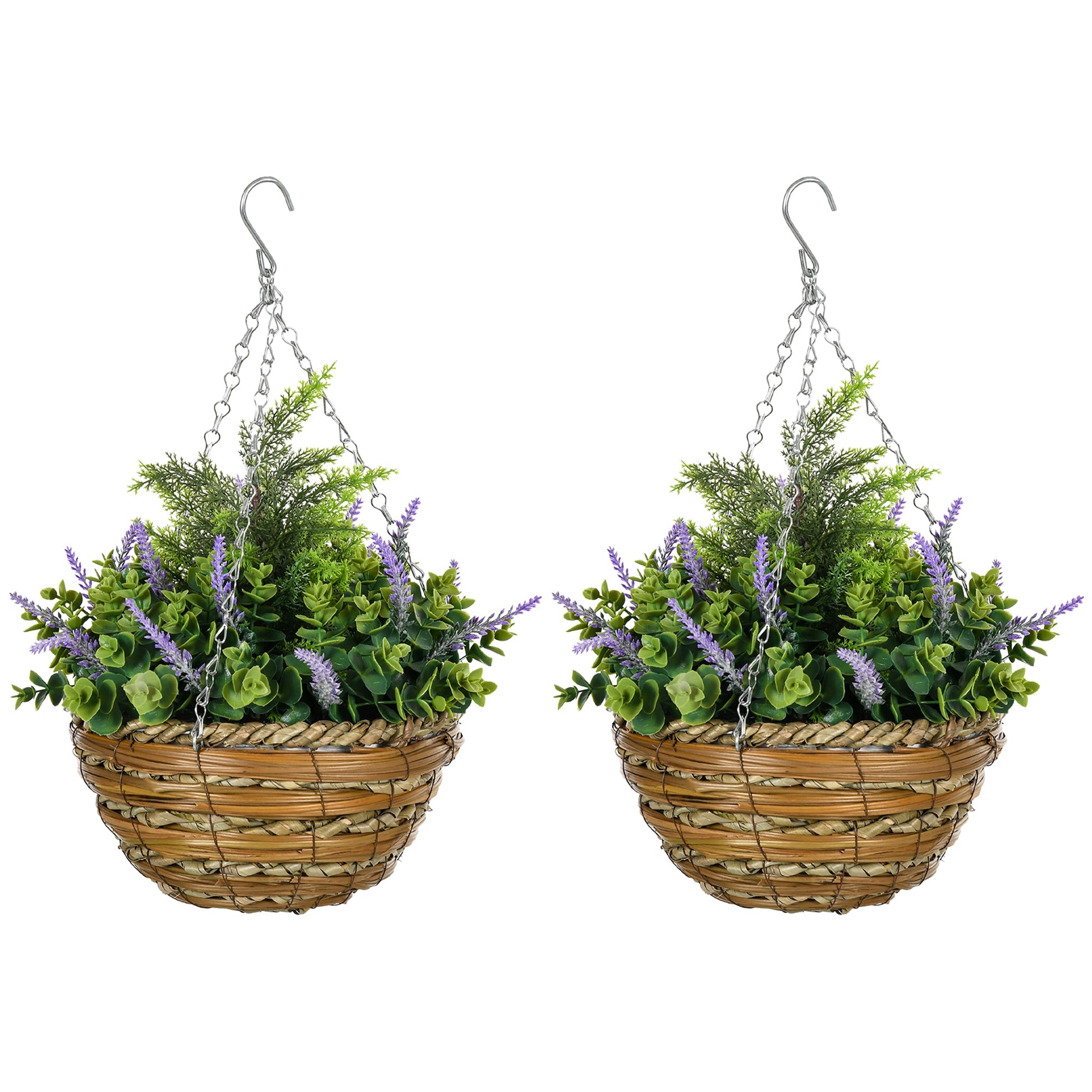 Purple Lisianthus Artificial Flower Hanging Planter Basket, Set of Two