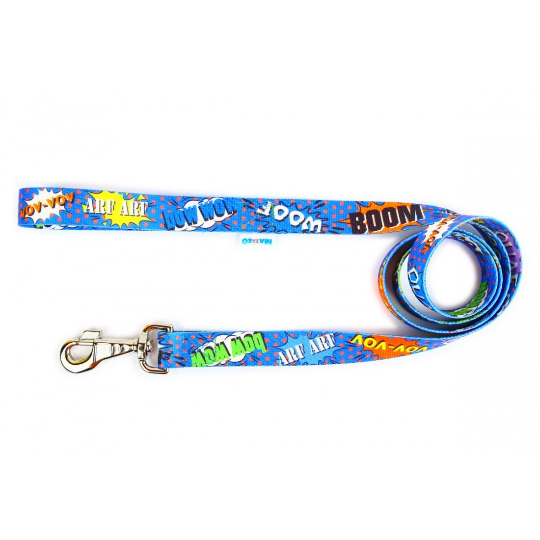 soft blue graffiti dog leash held gently in a hand, showcasing its textured pattern and secure carabiner