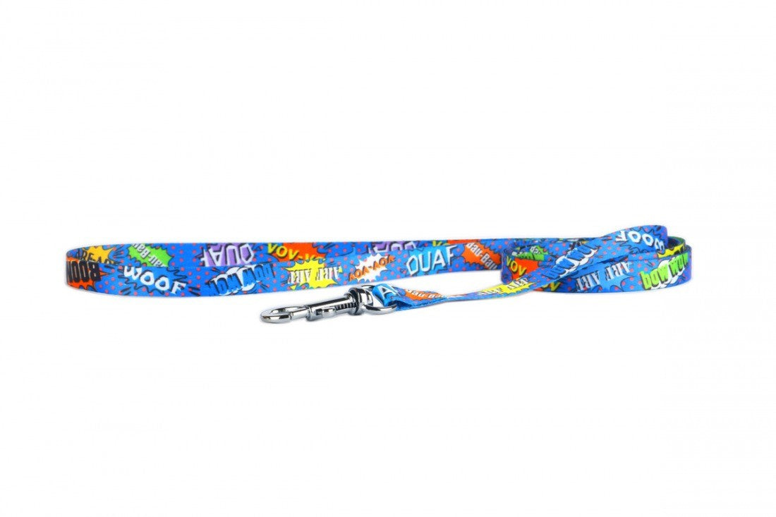 bold blue graffiti dog leash with strong carabiner against an urban brick wall