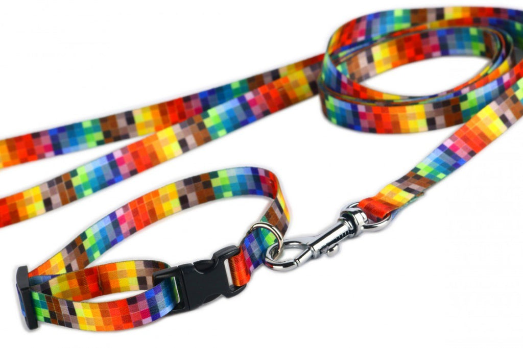 bold pixel-pattern dog leash with a robust carabiner in dramatic studio lighting