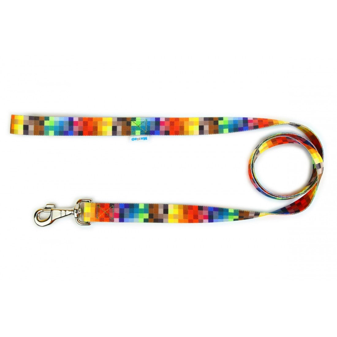 playful pixel-pattern dog leash held by a smiling owner in a sunny park