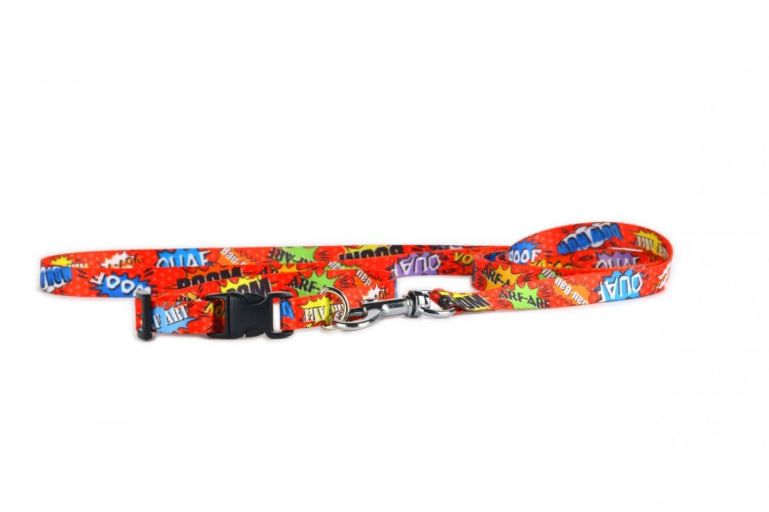 elegant red graffiti dog leash with a custom-fit carabineer on a refined dark background