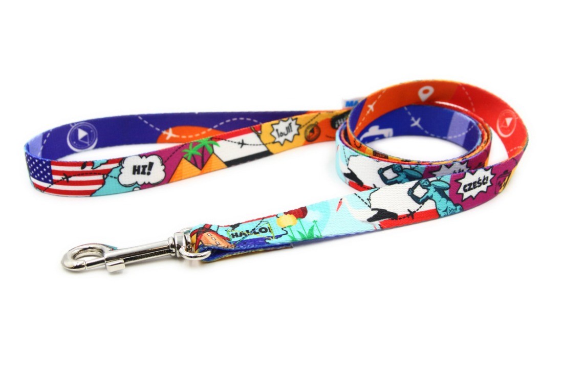 bold close-up of a durable travel pet leash with eiffel tower and pyramid graphic