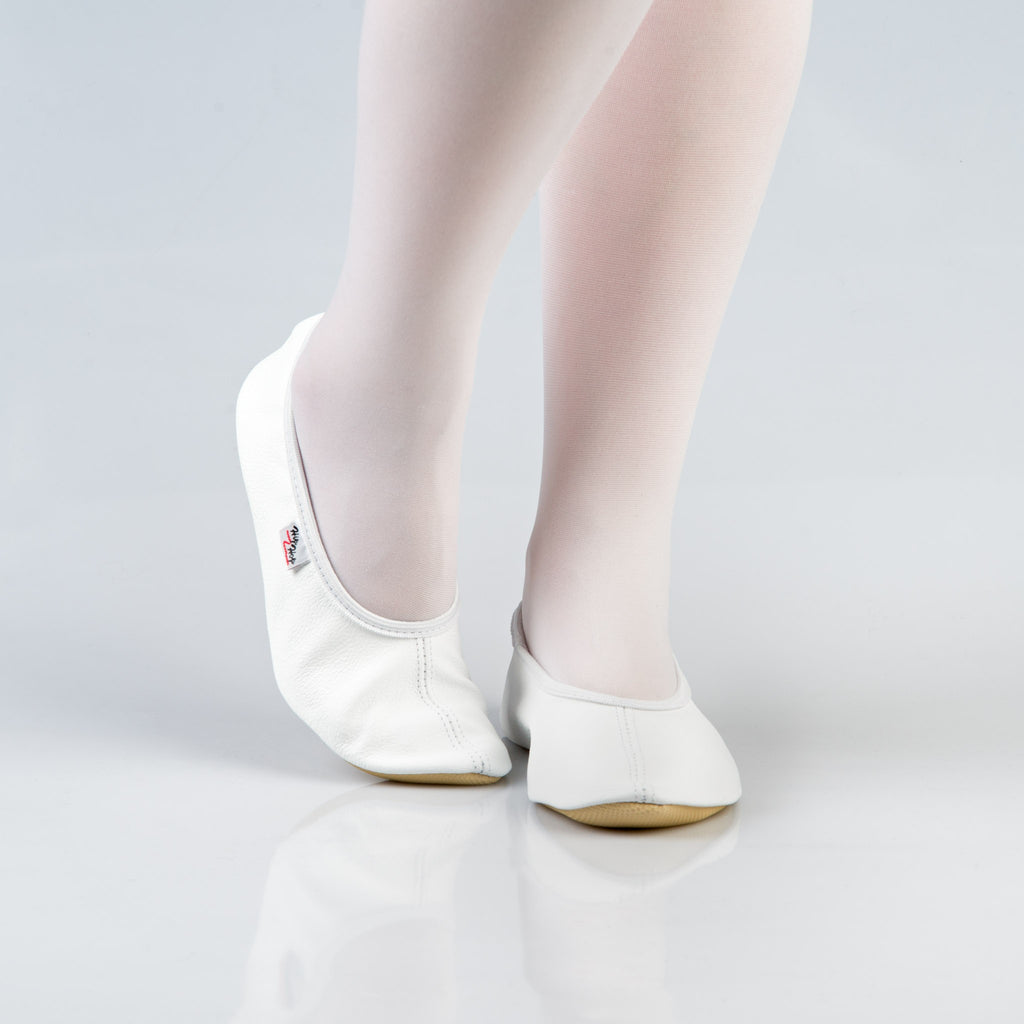 soft white leather gymnastics slipper with a secure rubber ridge and sole for comfort