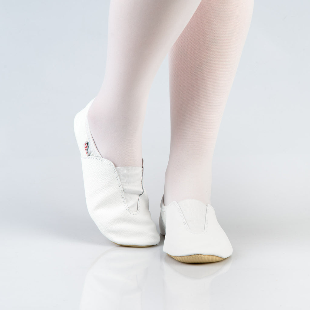 soft white leather kids gymnastics slippers with a comforting fit and elastic detail