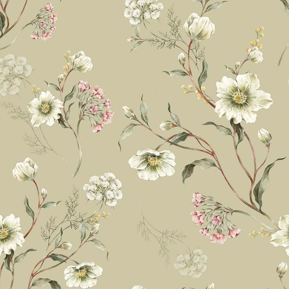 bold close-up of elegant light green blossom wallpaper with detailed hellebores and primroses