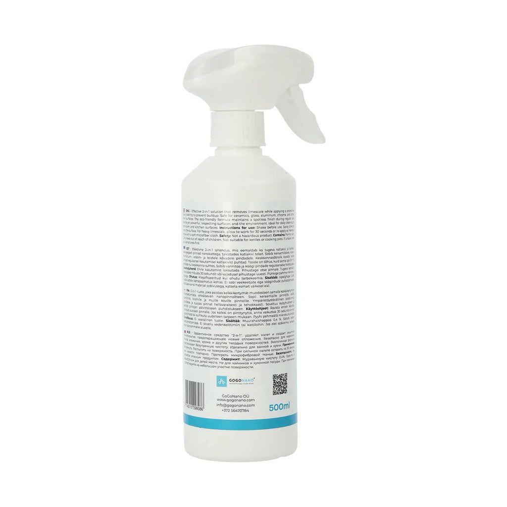 bold close-up of gogonano ecodescaler spraying on a chrome tap, instantly dissolving limescale