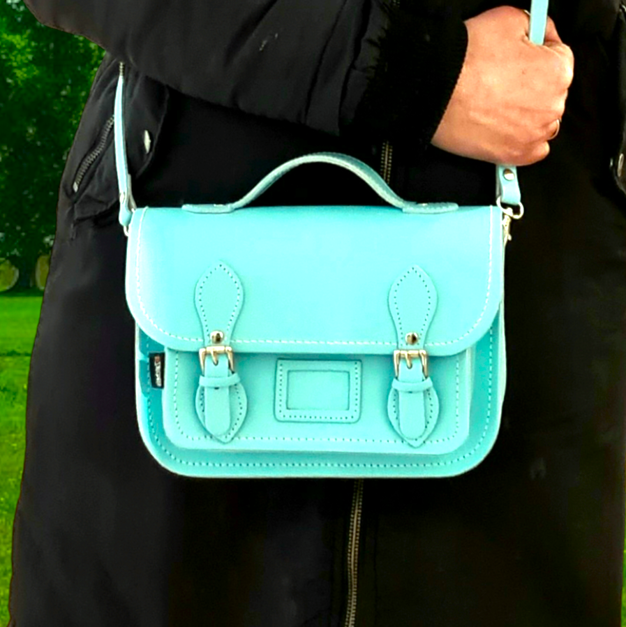 Leather Midi Satchel in Shell Blue