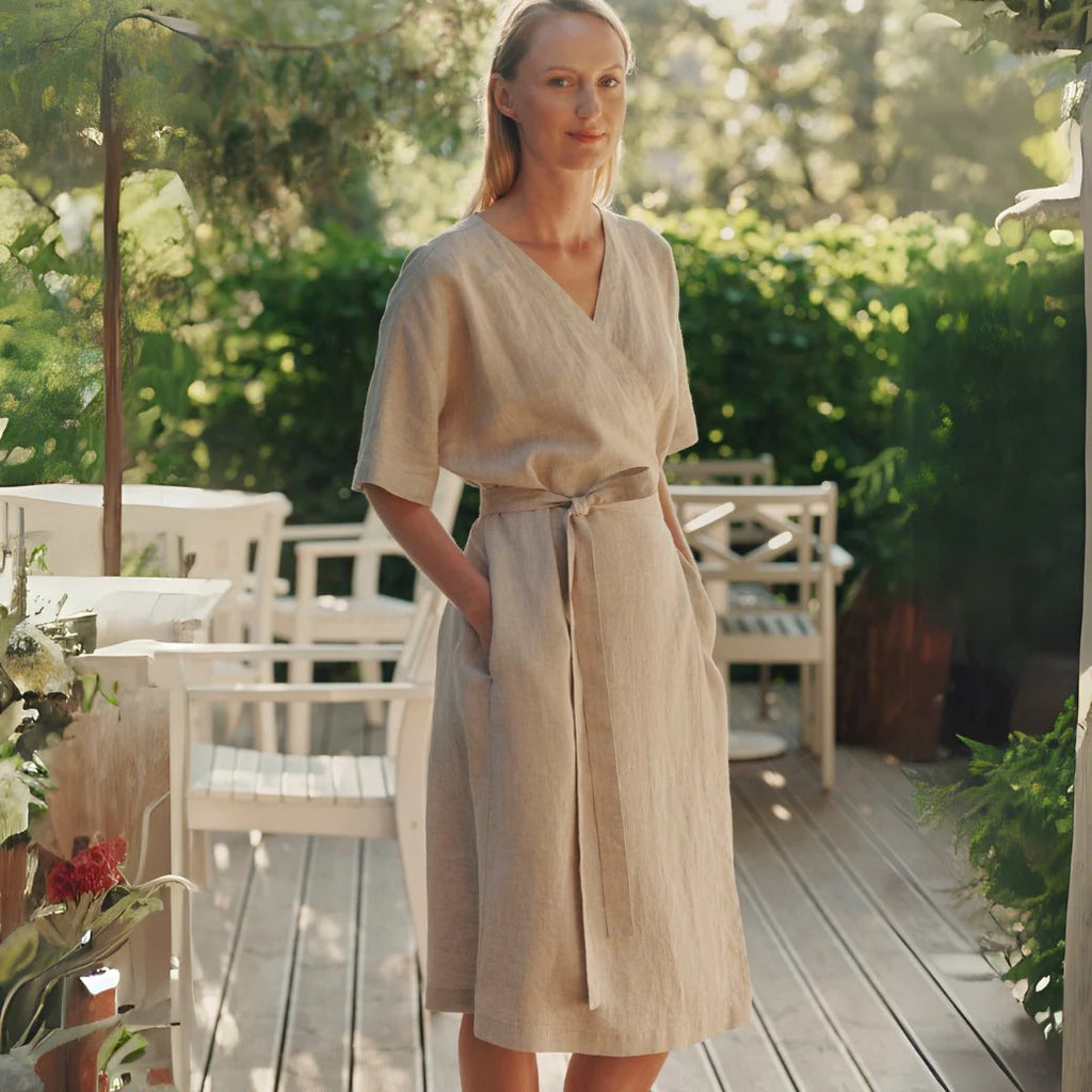 Embrace Elegance with the Versatile Vine Linen Wrap Dress by Linen Tales at www.brixbailey.com