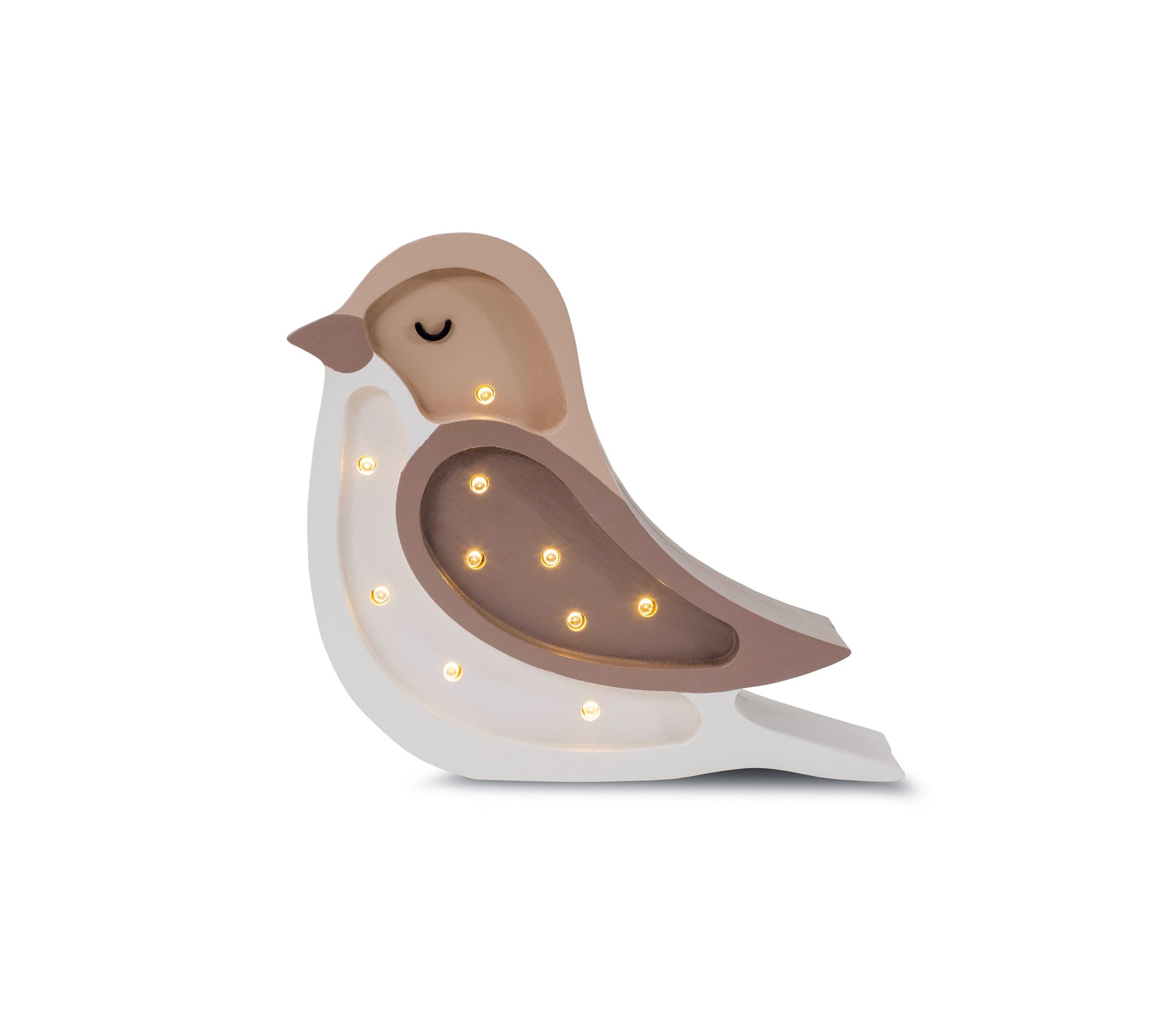 handmade pine wood bird lamp casting a warm glow on a nursery shelf