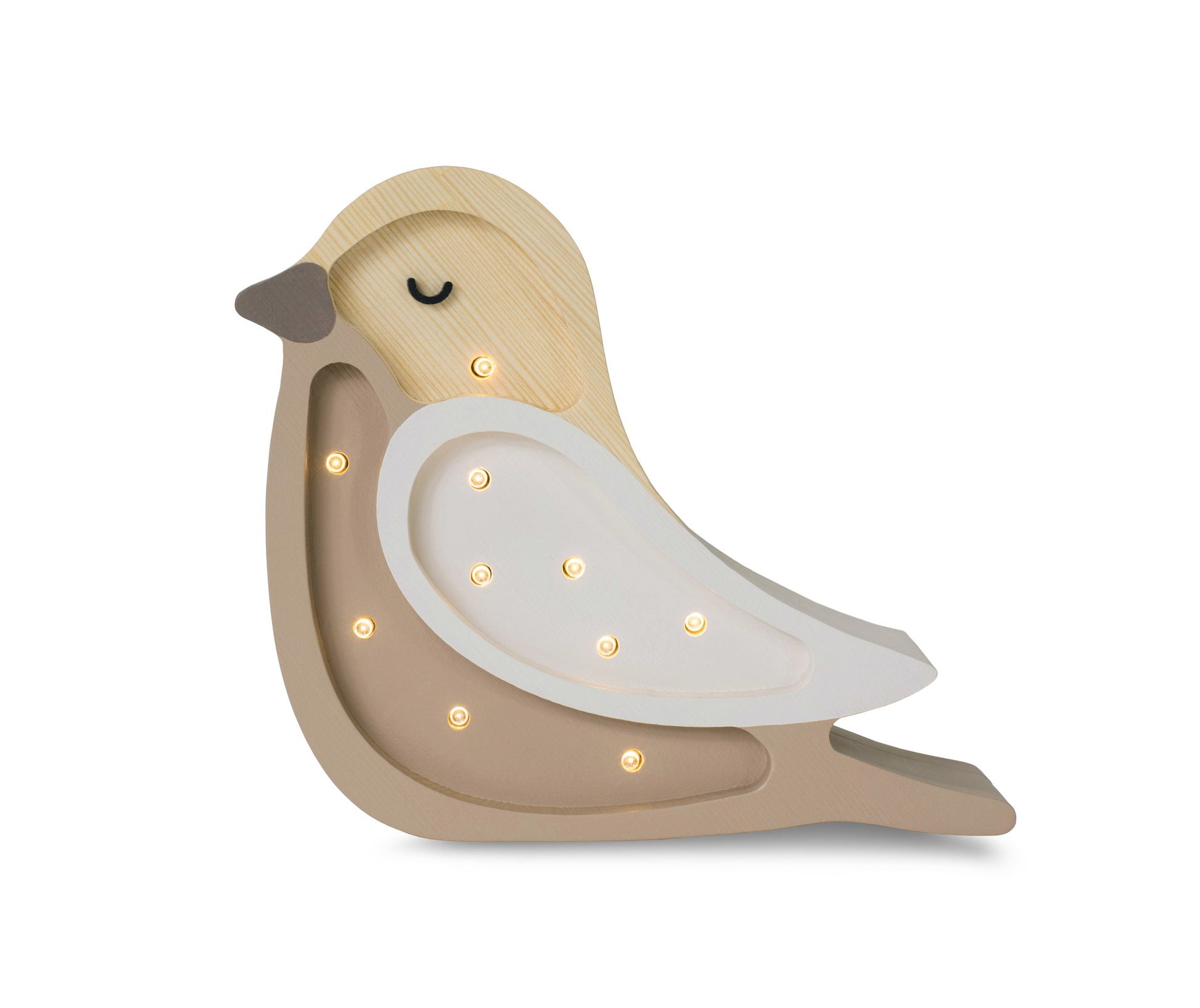 handmade pine wood bird lamp casting a soft warm glow on a nursery shelf
