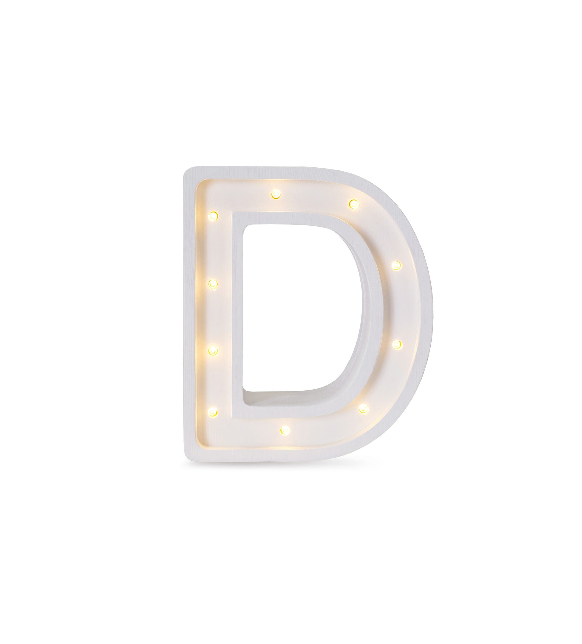 bold solid pinewood letter d lamp with warm led glow on a dark background