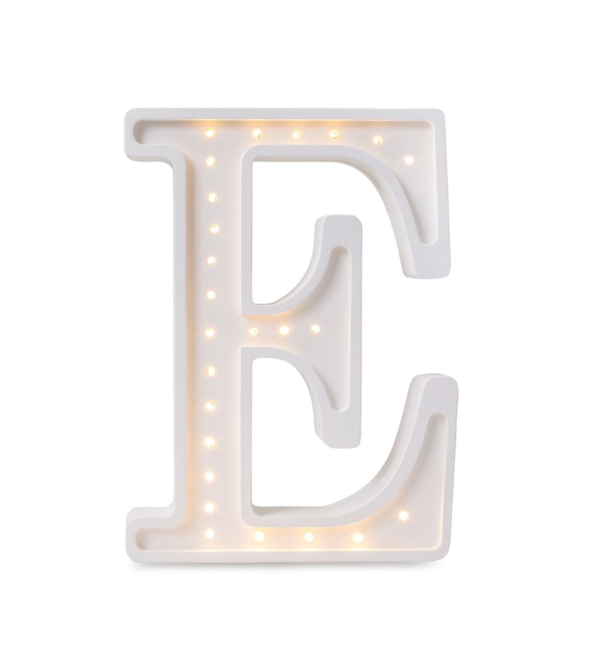 softly glowing letter e lamp casting a warm, cozy light on a nursery shelf