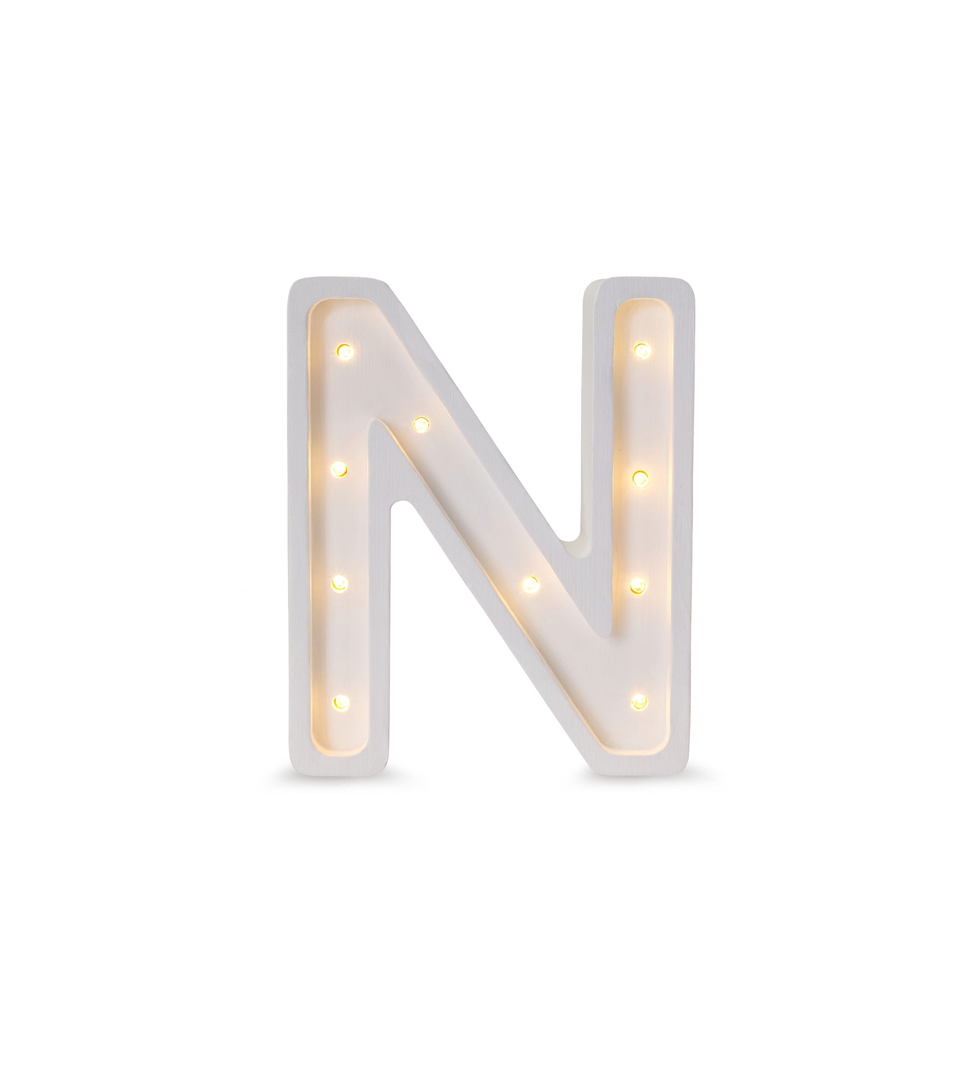 bold solid pinewood letter n lamp glowing confidently in a modern nursery