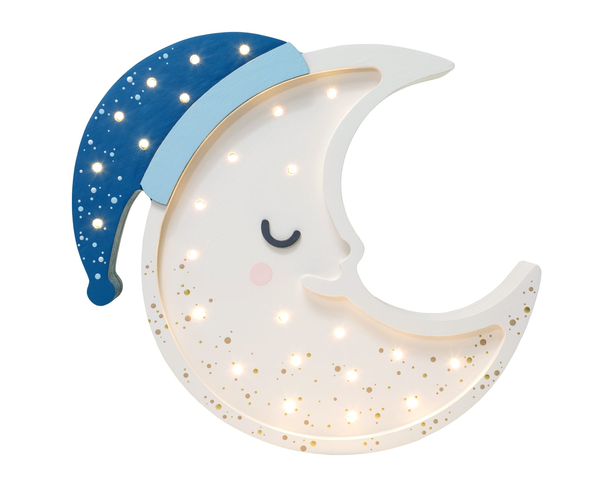 bold close-up of a handcrafted pinewood moon lamp casting a warm, magical glow in a child's room