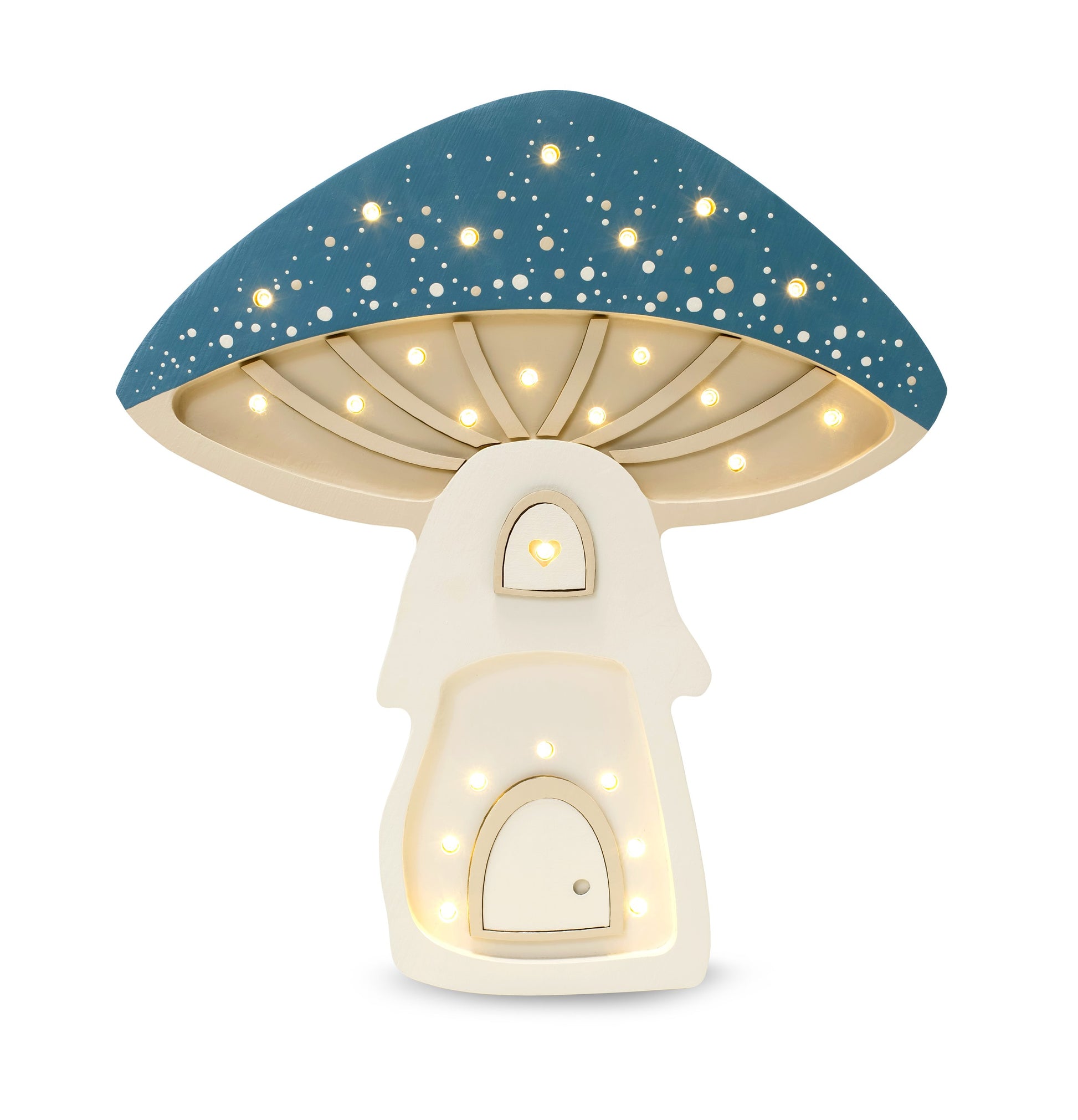 bold little lights mushroom lamp casting a warm glow on a rustic pinewood nightstand