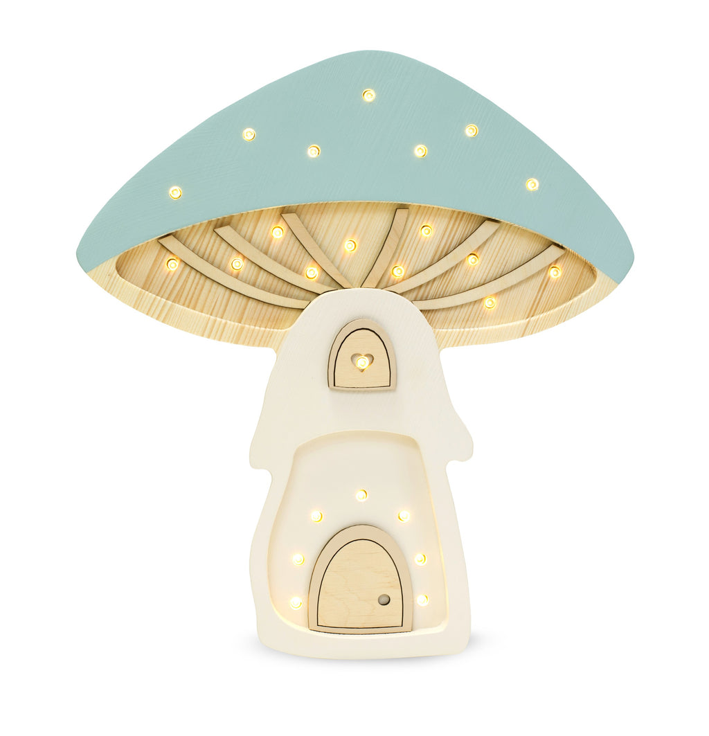 playful pinewood mushroom lamp casting a warm glow on a stack of colorful storybooks