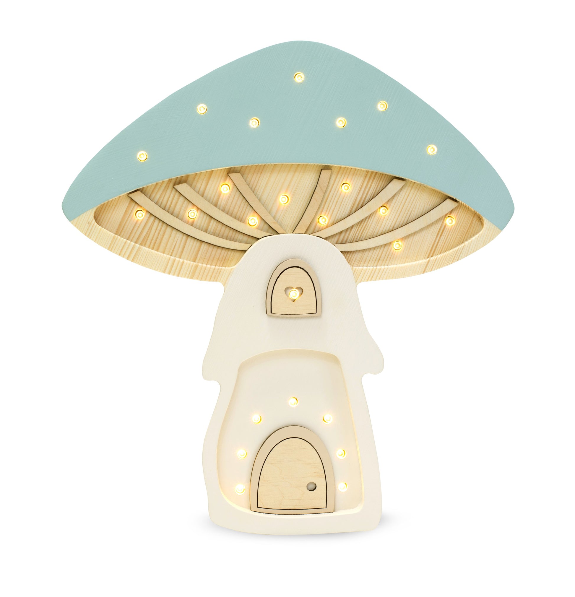 playful pinewood mushroom lamp casting a warm glow on a stack of colorful storybooks
