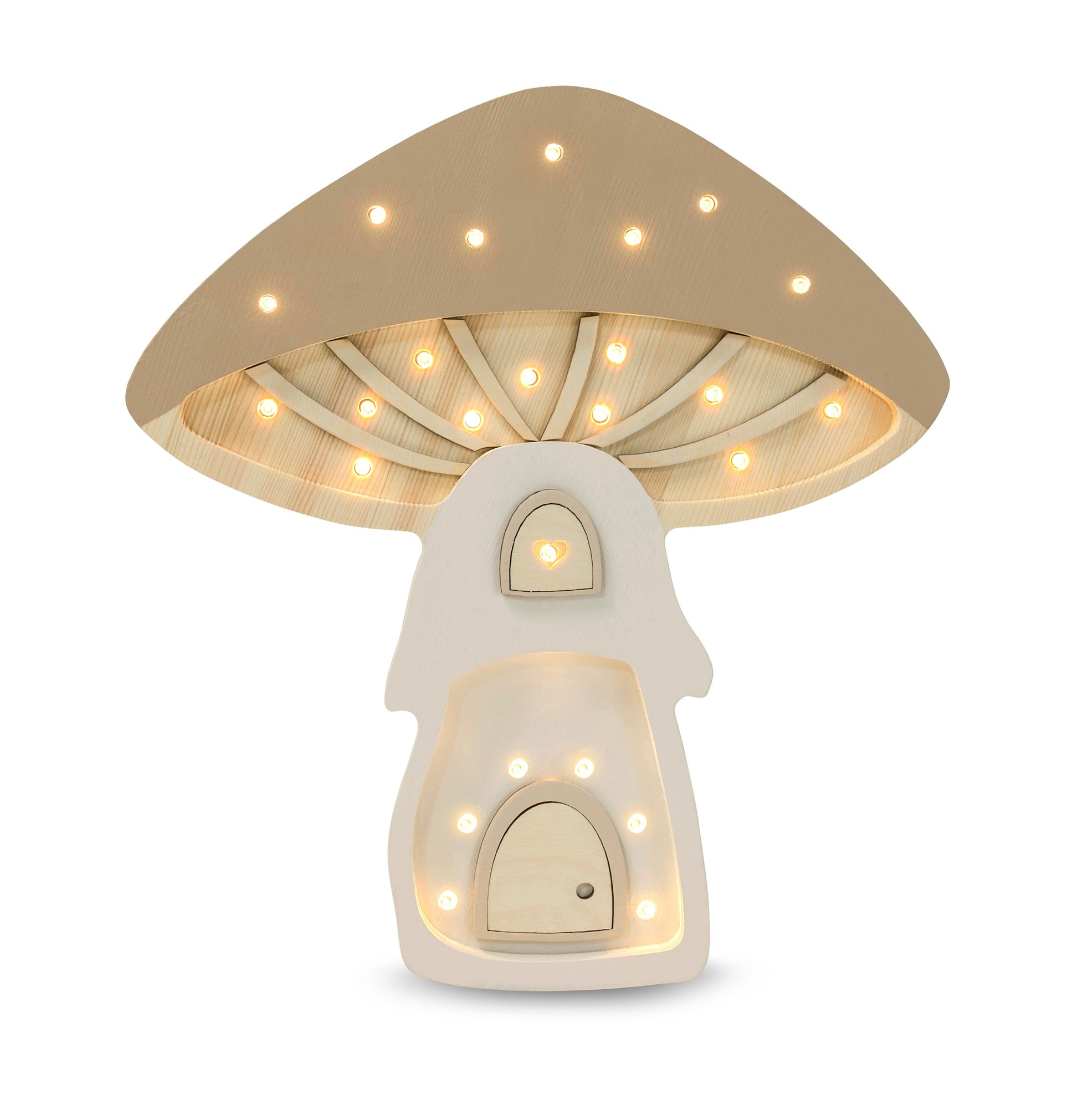 elegant pinewood mushroom lamp casting a refined warm glow on a nursery shelf