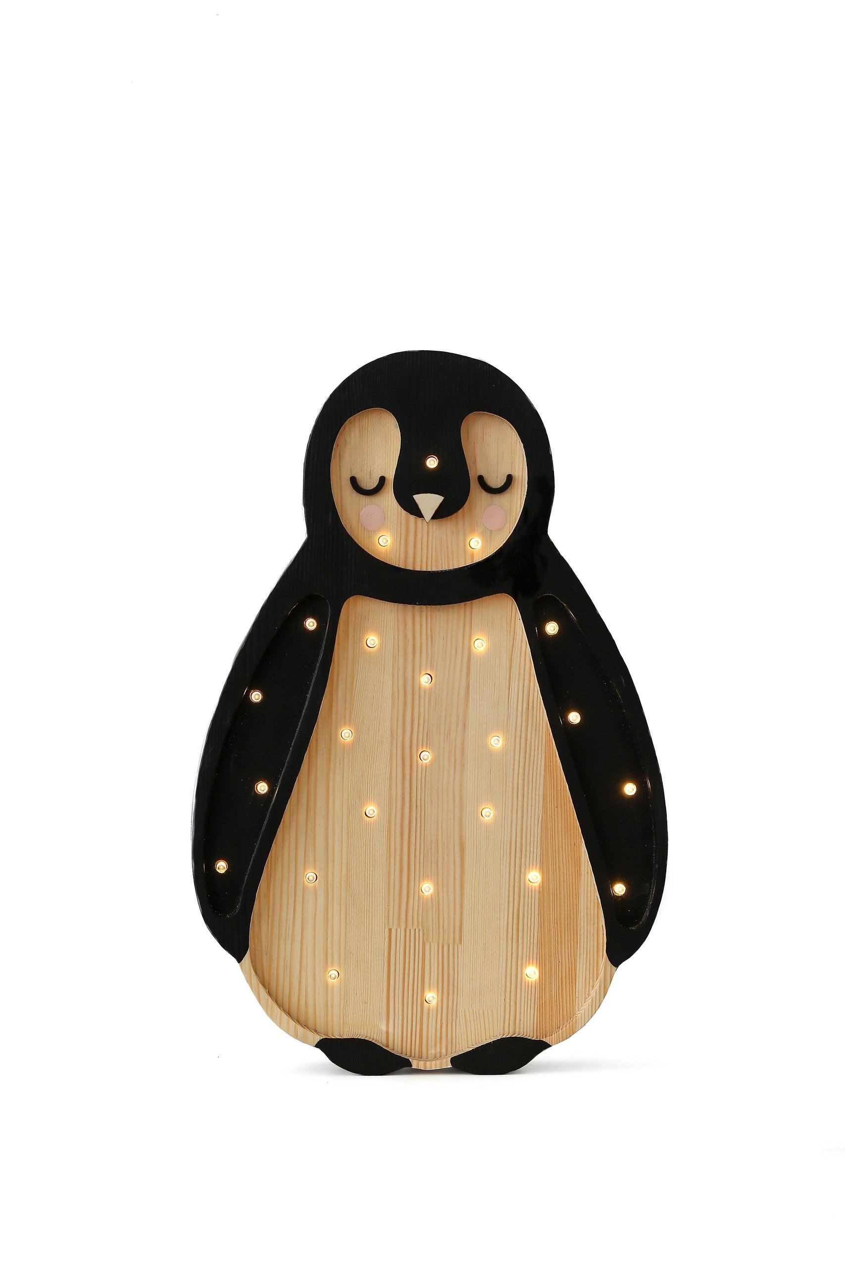 elegant pinewood penguin lamp with a warm glow on a sophisticated nursery shelf