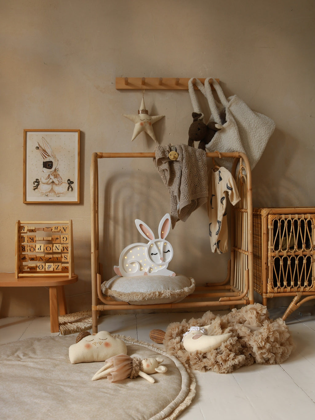 elegant solid pinewood bunny lamp casting a soft ambient glow on a modern nightstand