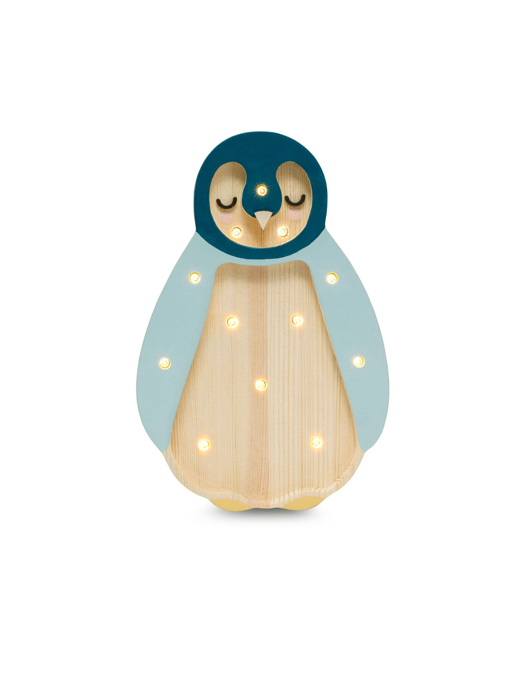 penguin night light casting a soft glow on a childs bedside table