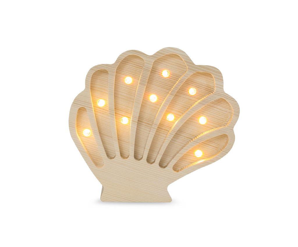 bold statement piece - artisan-made wooden seashell lamp casting a magical glow in a modern nursery