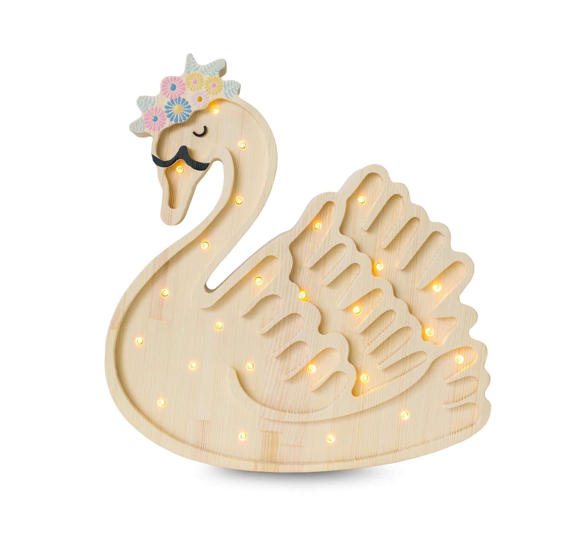 handcrafted pine wood swan lamp casting a soft glow on a nursery shelf