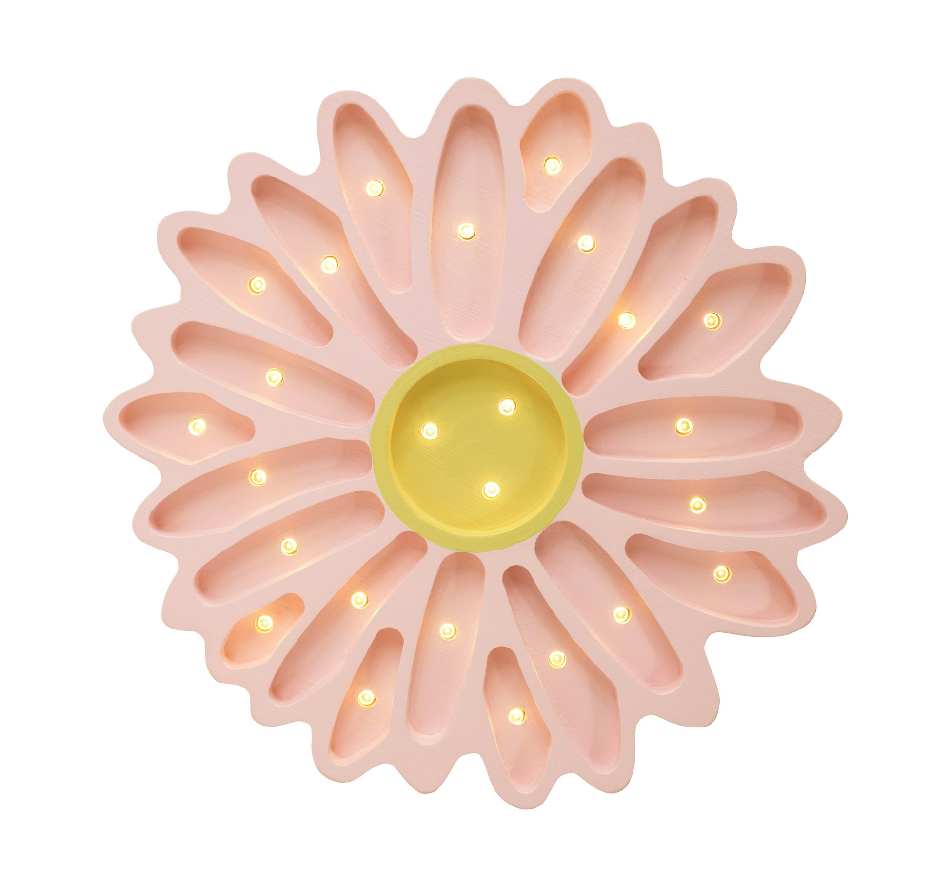 a daisy lamp casting a soft, warm glow on a wooden nightstand in a cozy nursery