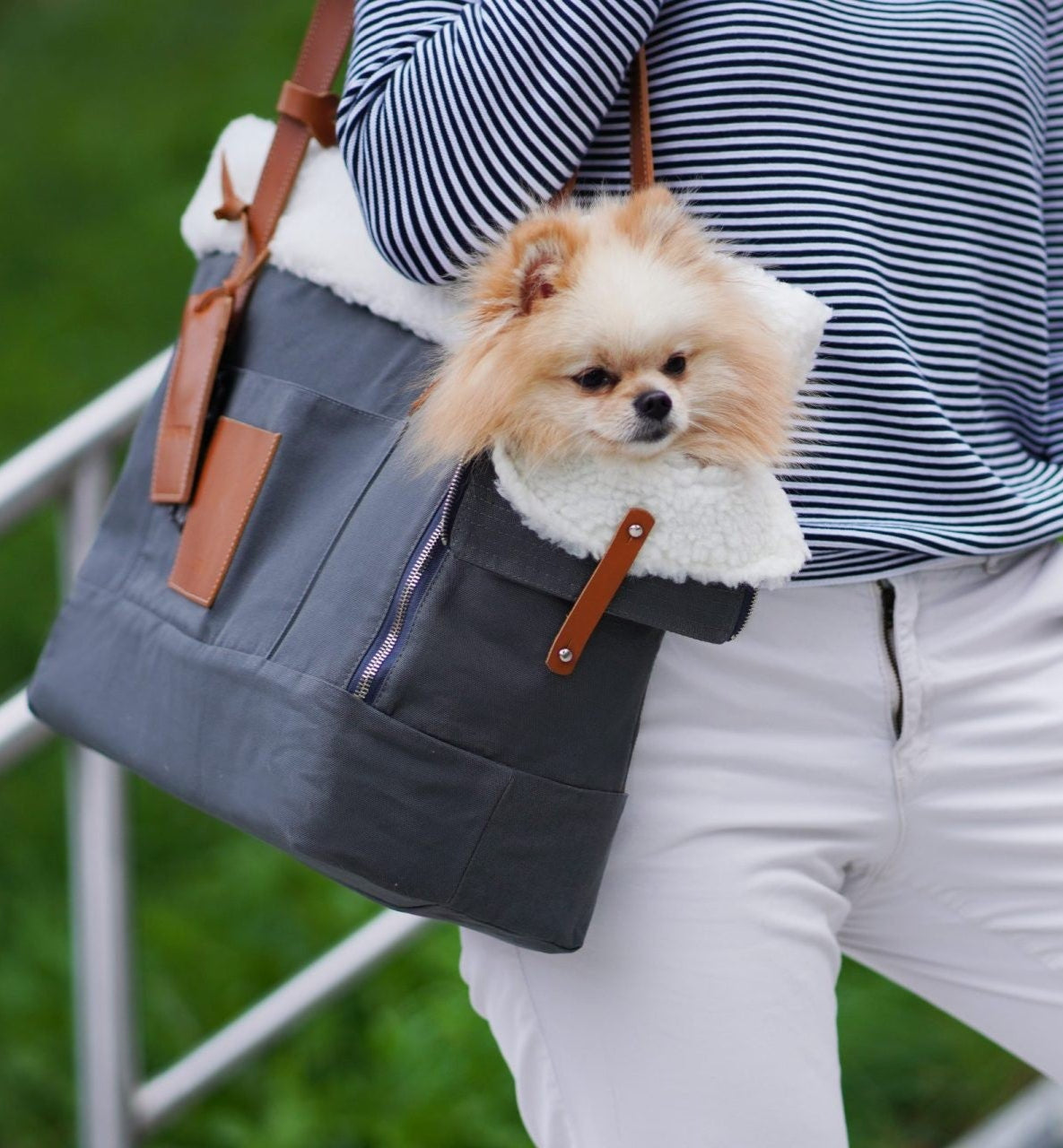 bold grey liiva dog carrier with natural leather accents on a clean white background