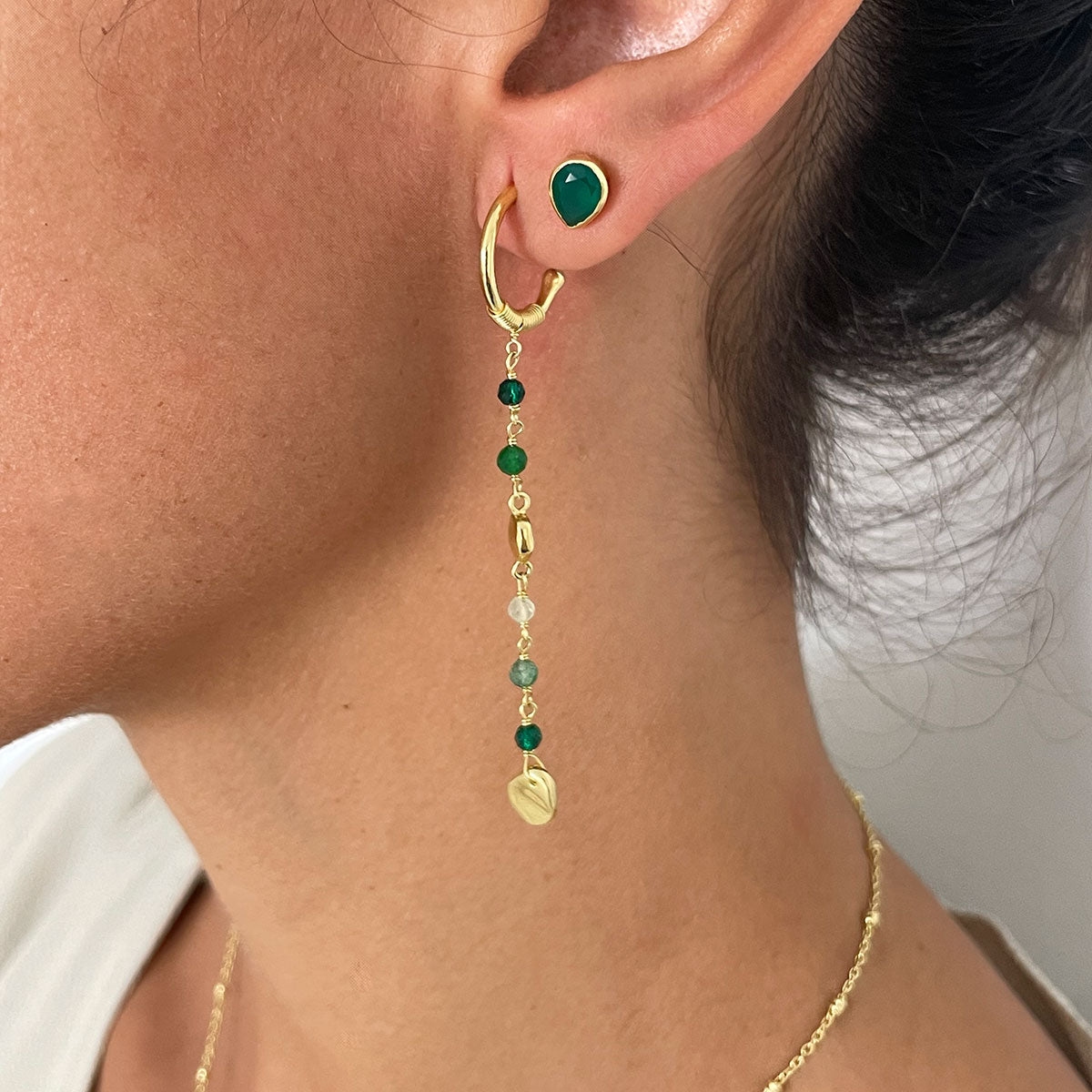 Green Onyx Gemstone Stud Earrings in Gold