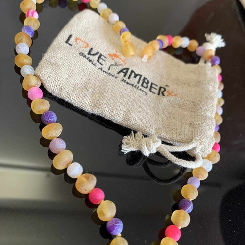 Amelie Honey Baltic Amber and Dragon Agate Necklace in Pink and Purple