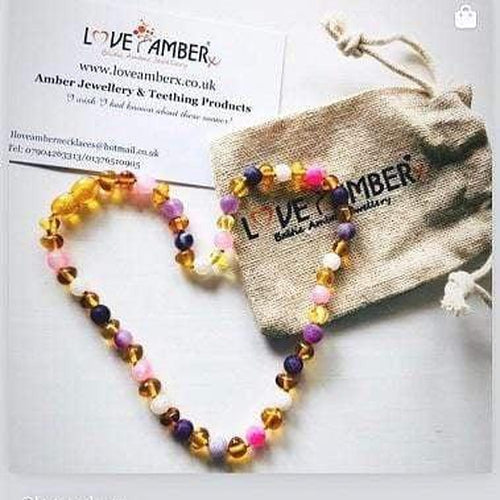 Amelie Honey Baltic Amber and Dragon Agate Necklace in Pink and Purple