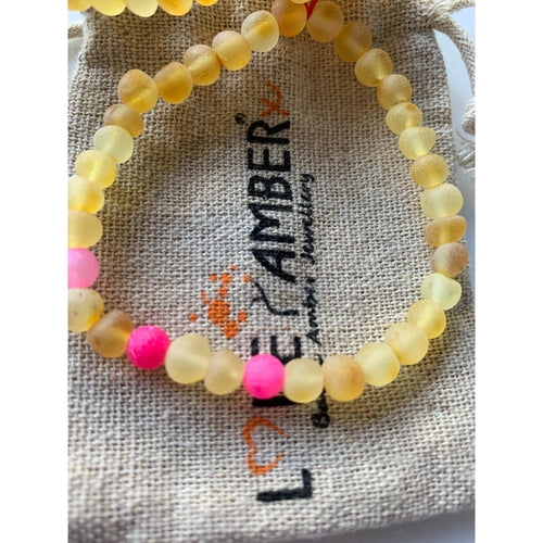 Adult Honey Baltic Amber and Pink Agate Stretch Bracelet