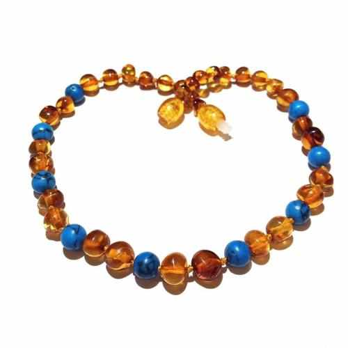 Boys Girls Polished Honey Baltic Amber Blue Green Turquoise Howlite Necklace