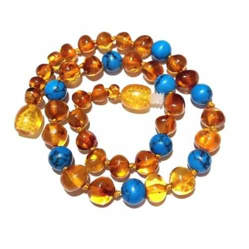 Boys Girls Polished Honey Baltic Amber Blue Green Turquoise Howlite Necklace