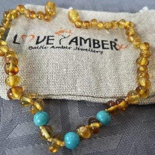 Boys and Girls Apollo Three Polished Honey Baltic Amber Turquoise Howlite Necklace