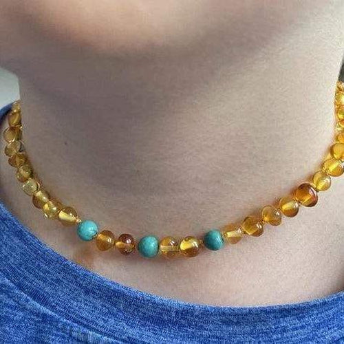 Boys and Girls Apollo Three Polished Honey Baltic Amber Turquoise Howlite Necklace