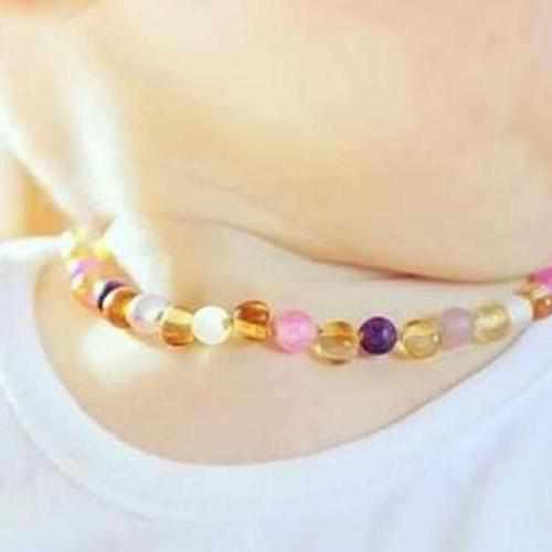 Child Amelie Baltic Amber Pink Purple Dragon Agate Necklace