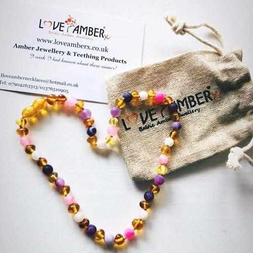 Child Amelie Baltic Amber Pink Purple Dragon Agate Necklace