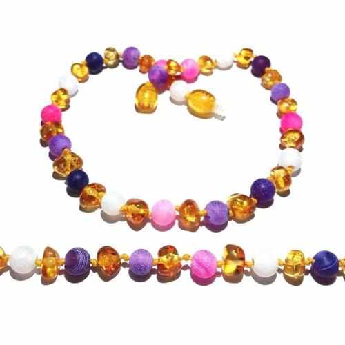 Child Amelie Baltic Amber Pink Purple Dragon Agate Necklace